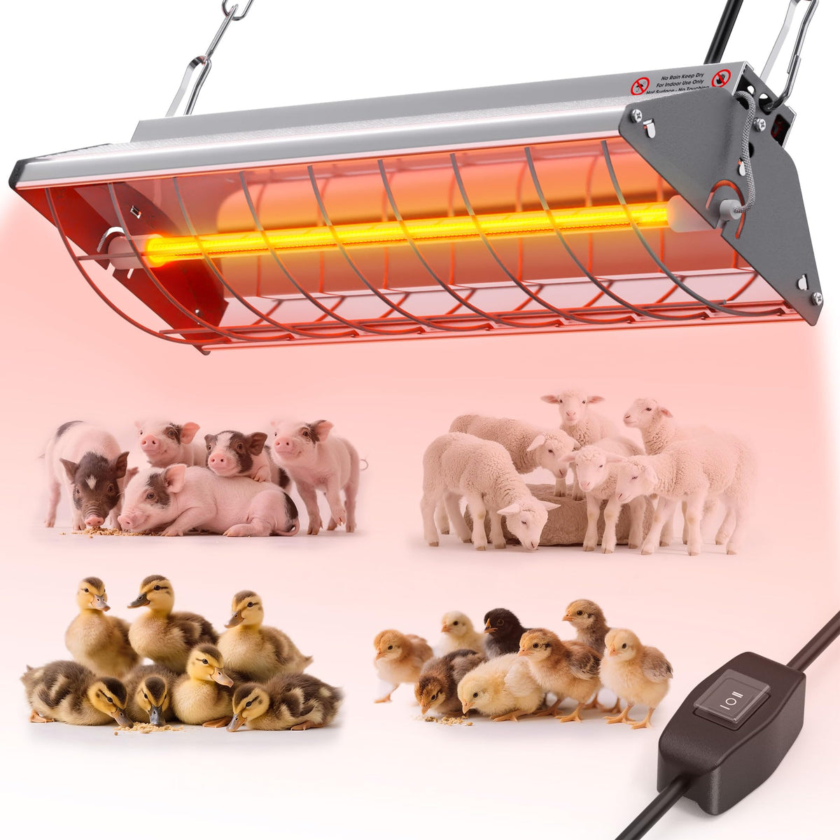 PETSOLON chicken coop heater in silver, front view, delivering even infrared warmth for chicks.