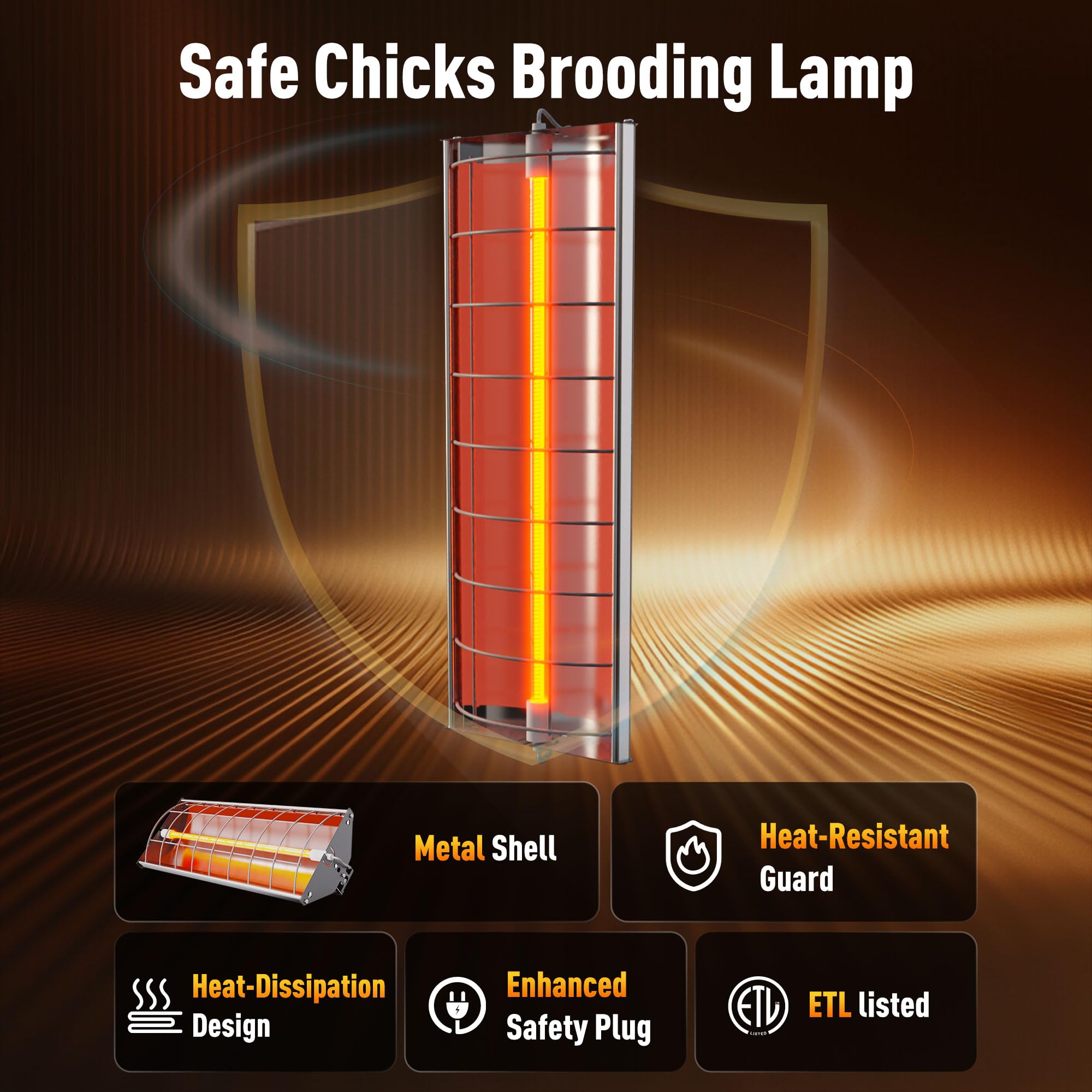 PETSOLON heat lamp side view shows safety guard for secure farm use.