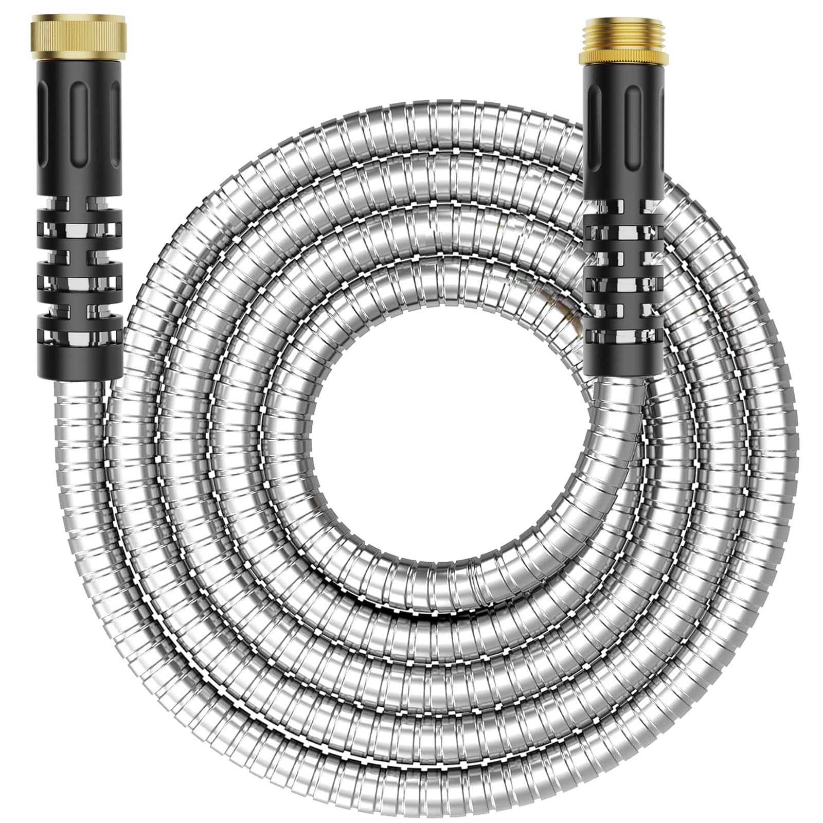 PETSWI 10ft metal garden hose with stainless steel coil for durable outdoor use.