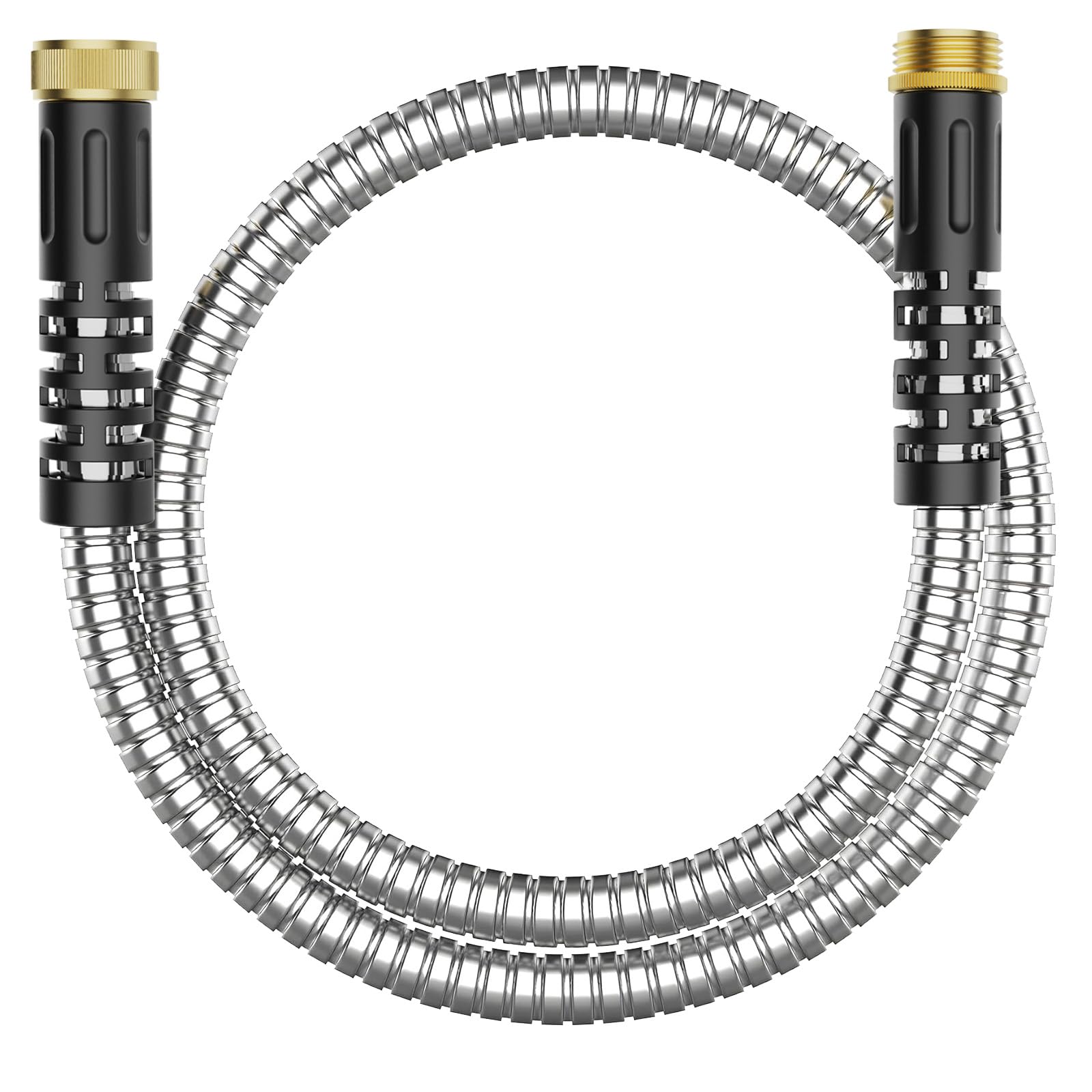 PETSWI 6ft metal garden hose assembly shows rugged stainless steel design for durability.