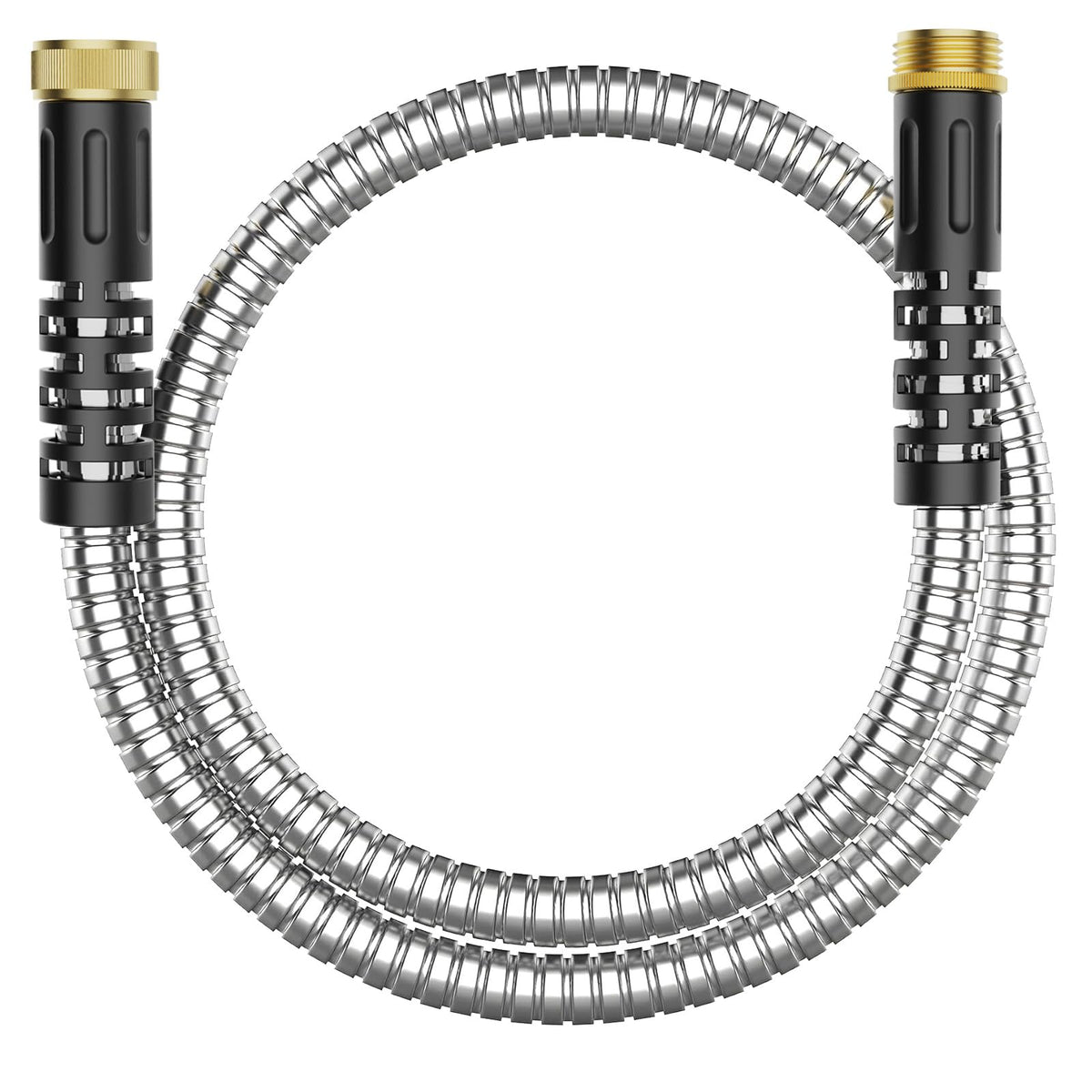PETSWI 6ft metal garden hose assembly shows rugged stainless steel design for durability.