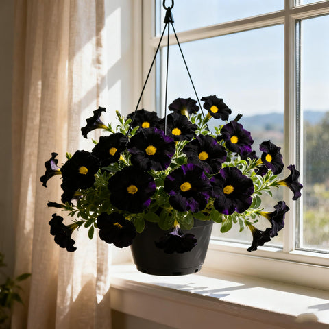 Black petunia seeds container planting ideal for patio pots and small spaces.