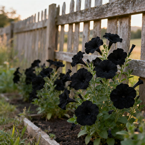 Black petunia seeds garden bed border offering long-lasting color and modern appeal.