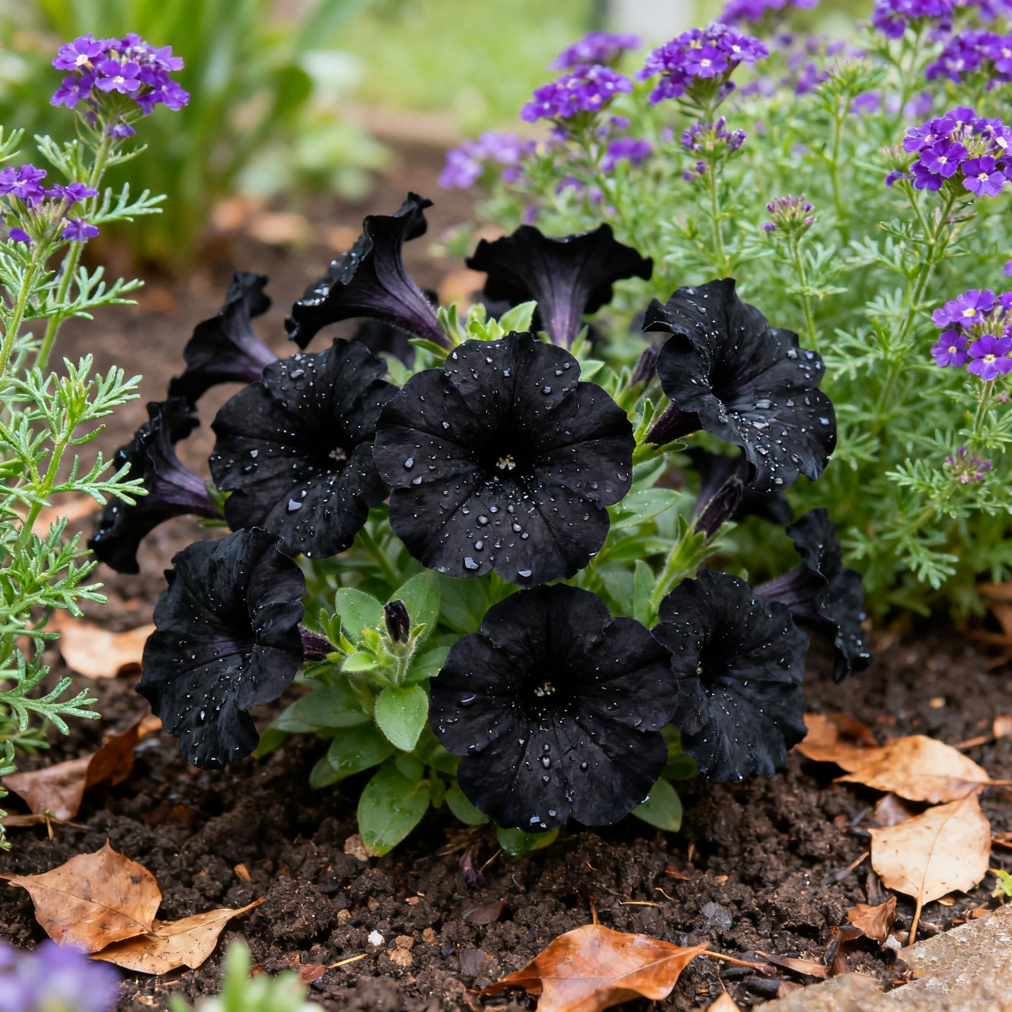 Black petunia seeds hanging basket display for elevated container gardening.