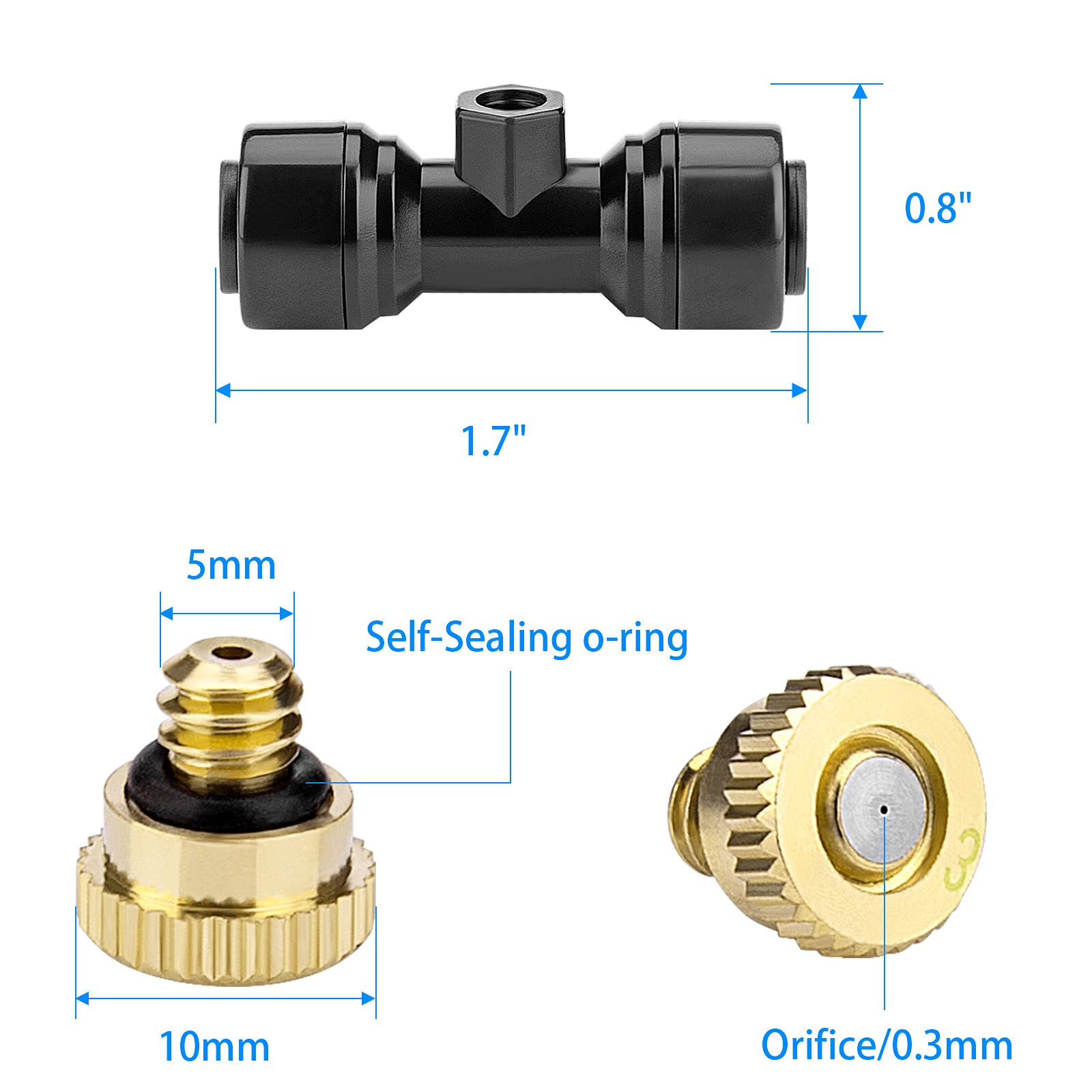 Petutu brass misting nozzle tees side view with slip-lock connection