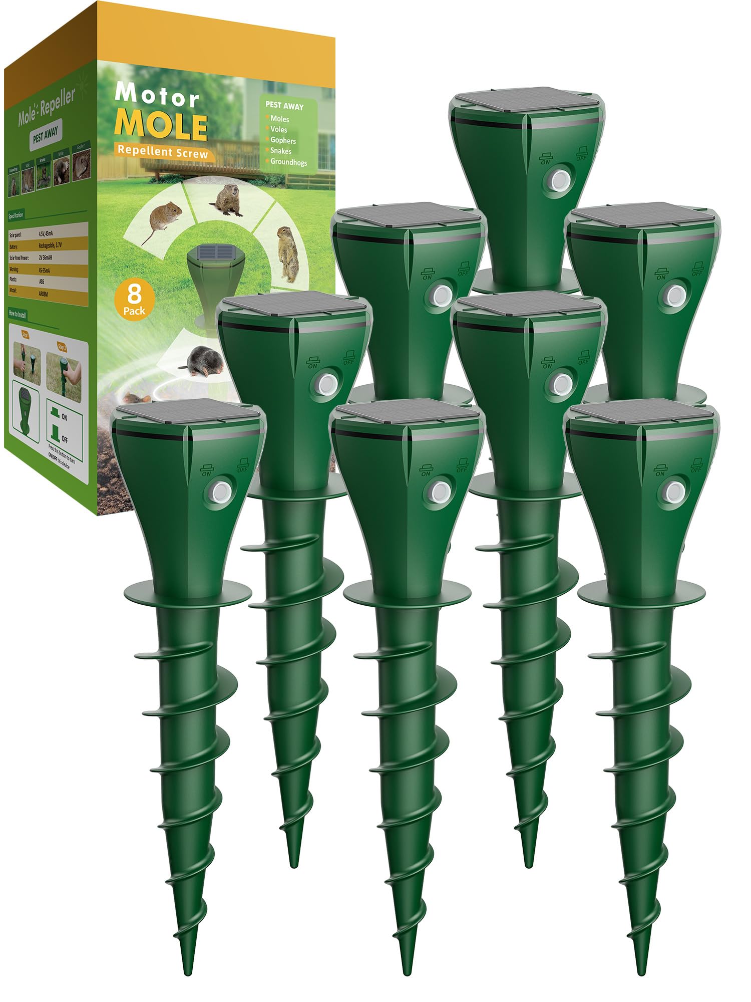 Pexpel solar lawn unit in a well-kept yard deterring burrowing pests with solar power
