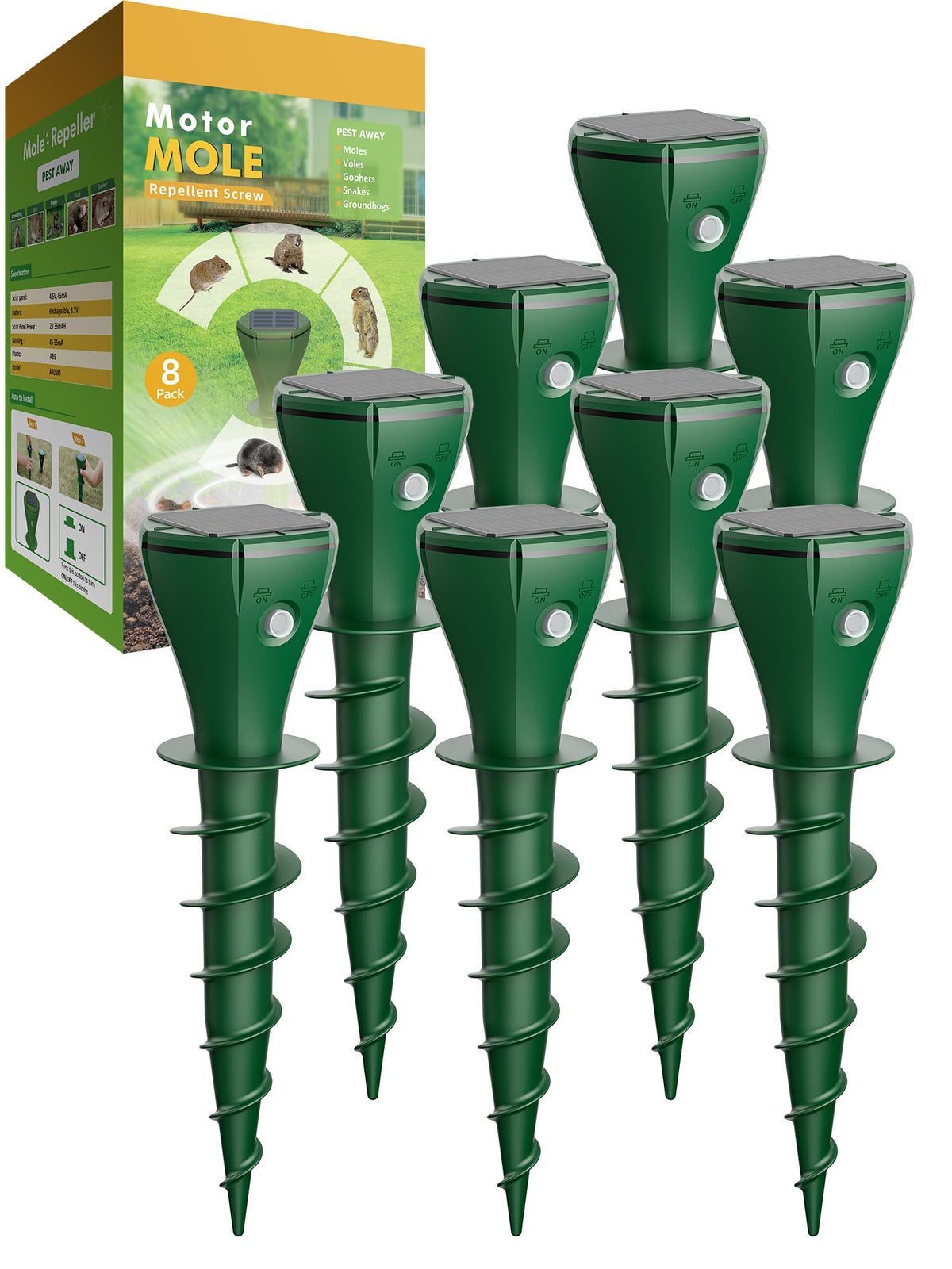 Pexpel solar lawn unit in a well-kept yard deterring burrowing pests with solar power
