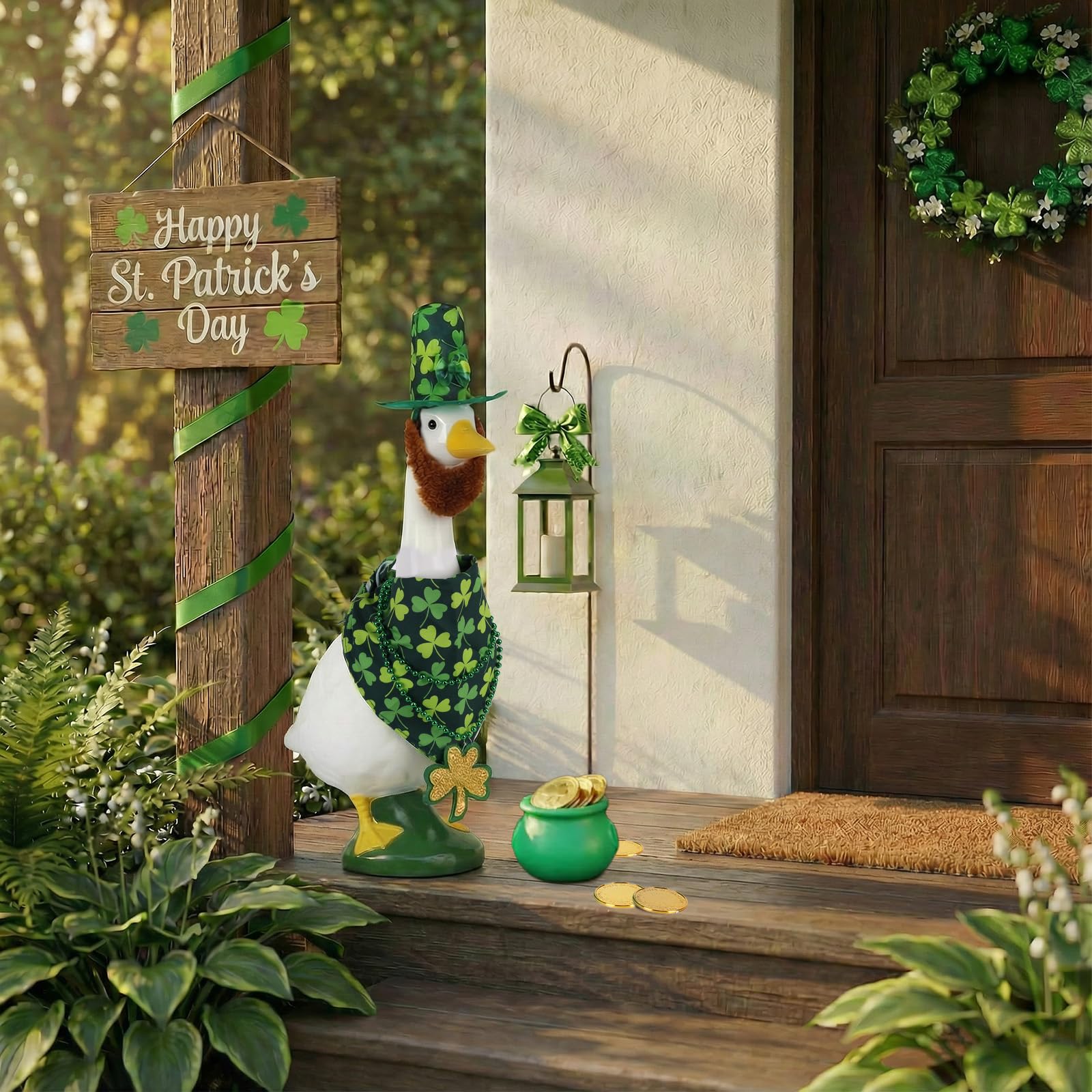 Pextian green gold coin bucket enhances porch decor with lucky charm.