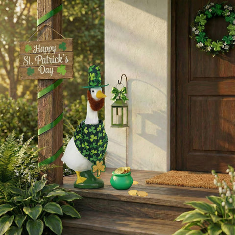 Pextian green gold coin bucket enhances porch decor with lucky charm.