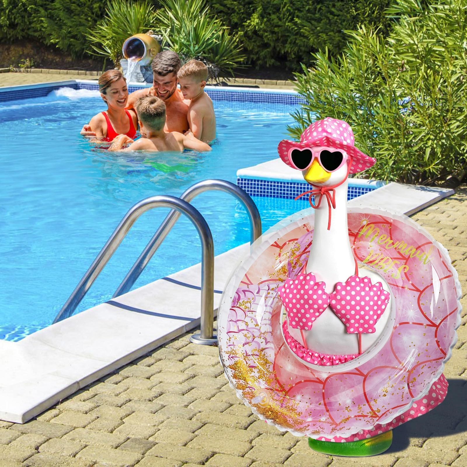 Pextian Hawaiian Porch Goose Outfit heart sunglasses add whimsy and character.