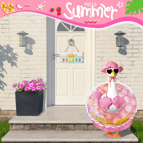 Pextian Hawaiian Porch Goose Outfit in-use showcases festive garden decor for gatherings.