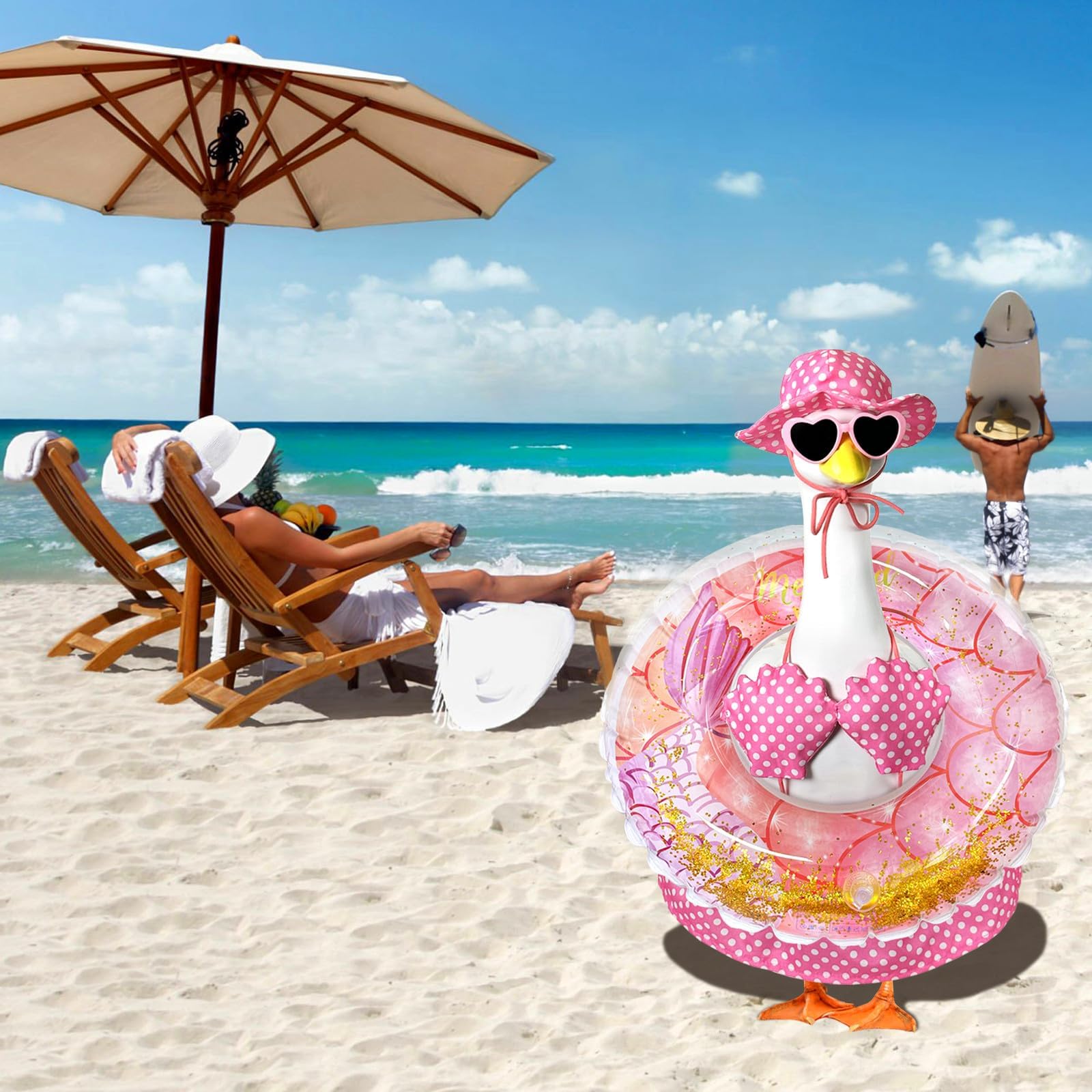 Pextian Hawaiian Porch Goose Outfit pink inner tube offers playful poolside vibes.
