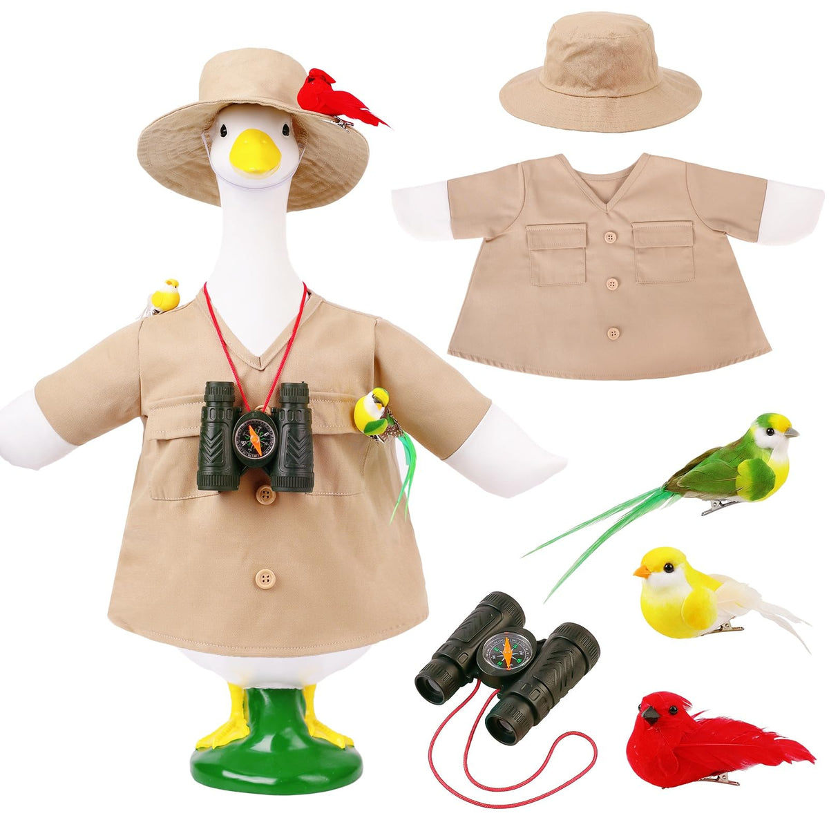 Pextian spring porch goose outfit with explorer goose adds seasonal entryway charm.
