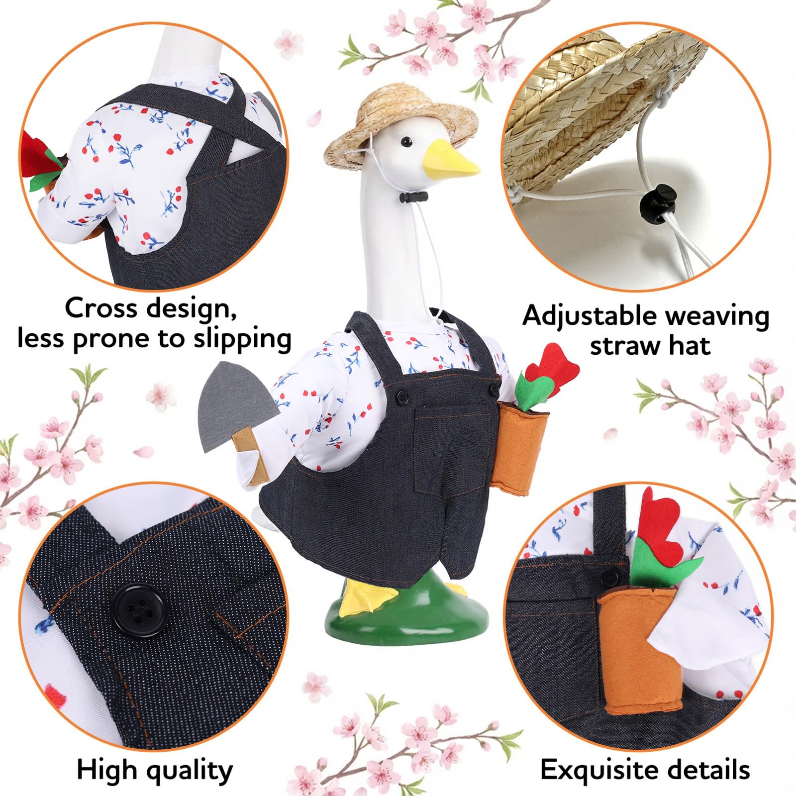 Pextian Goose Outfit highlights tiny shovel detail for playful garden decor