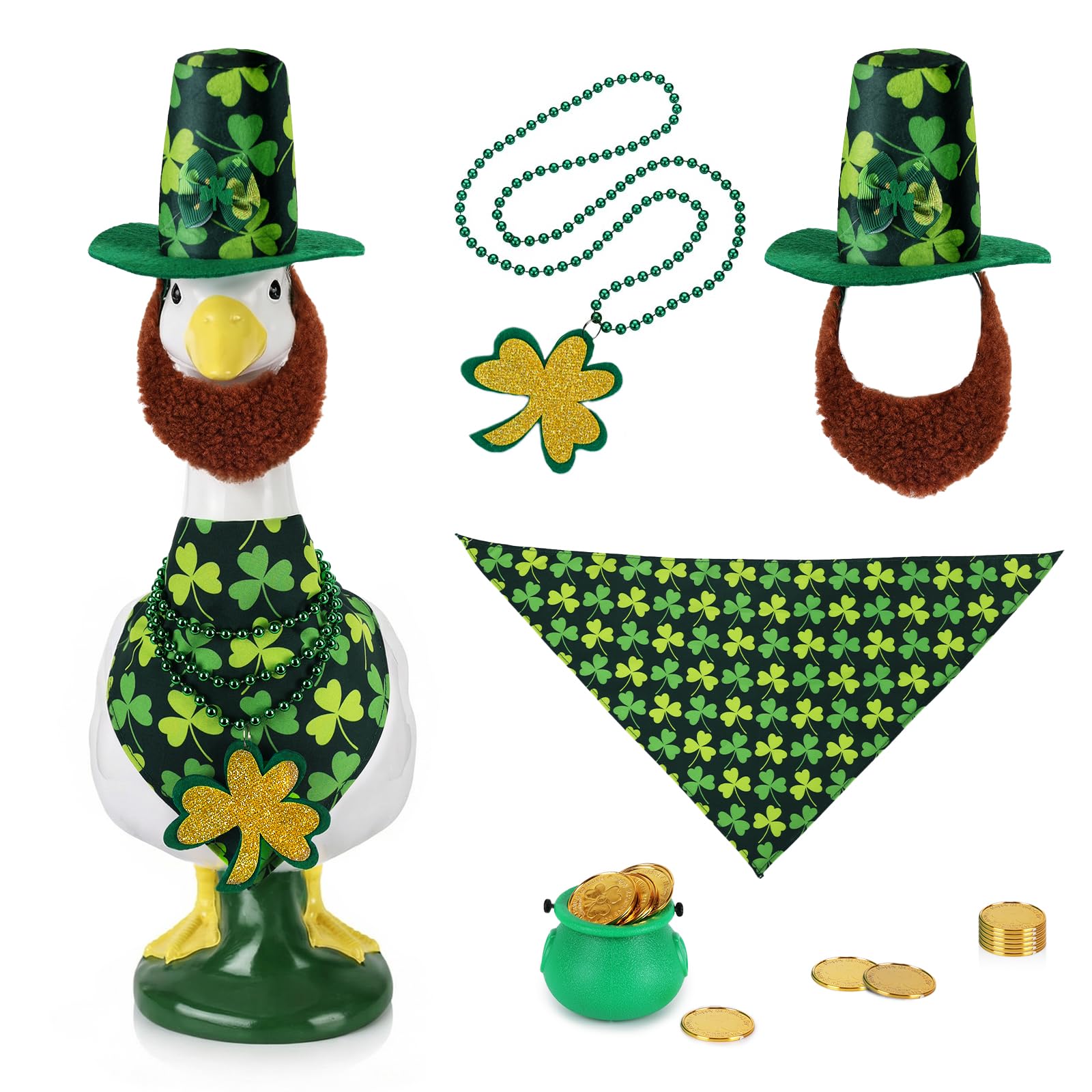 Pextian St Patrick's bandana on porch goose adds festive curb appeal.