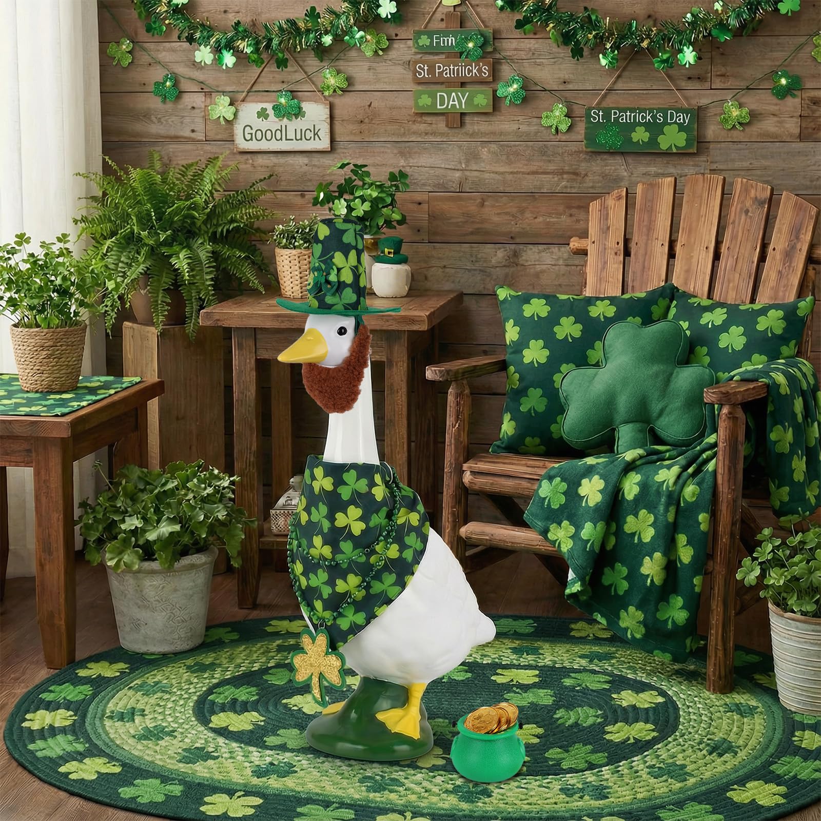 Pextian St Patrick's yard display features a dressed porch goose.