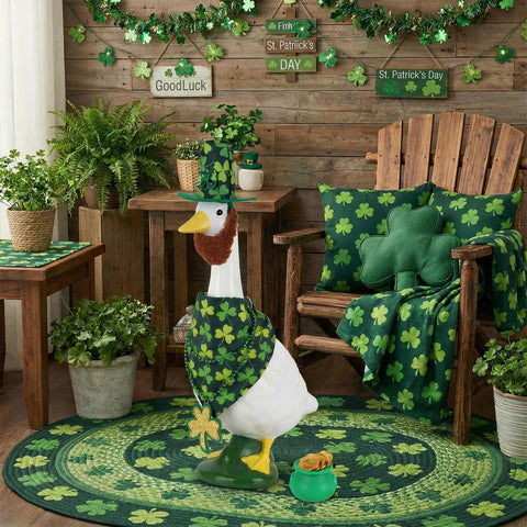 Pextian St Patrick's yard display features a dressed porch goose.