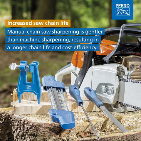PFERD CS-X handheld sharpener in use for on-site chain maintenance.