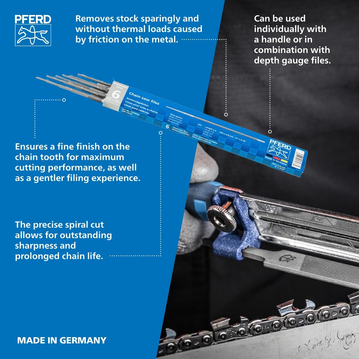 PFERD premium-line packaging stores six files for reliable, ready-to-use sharpening.
