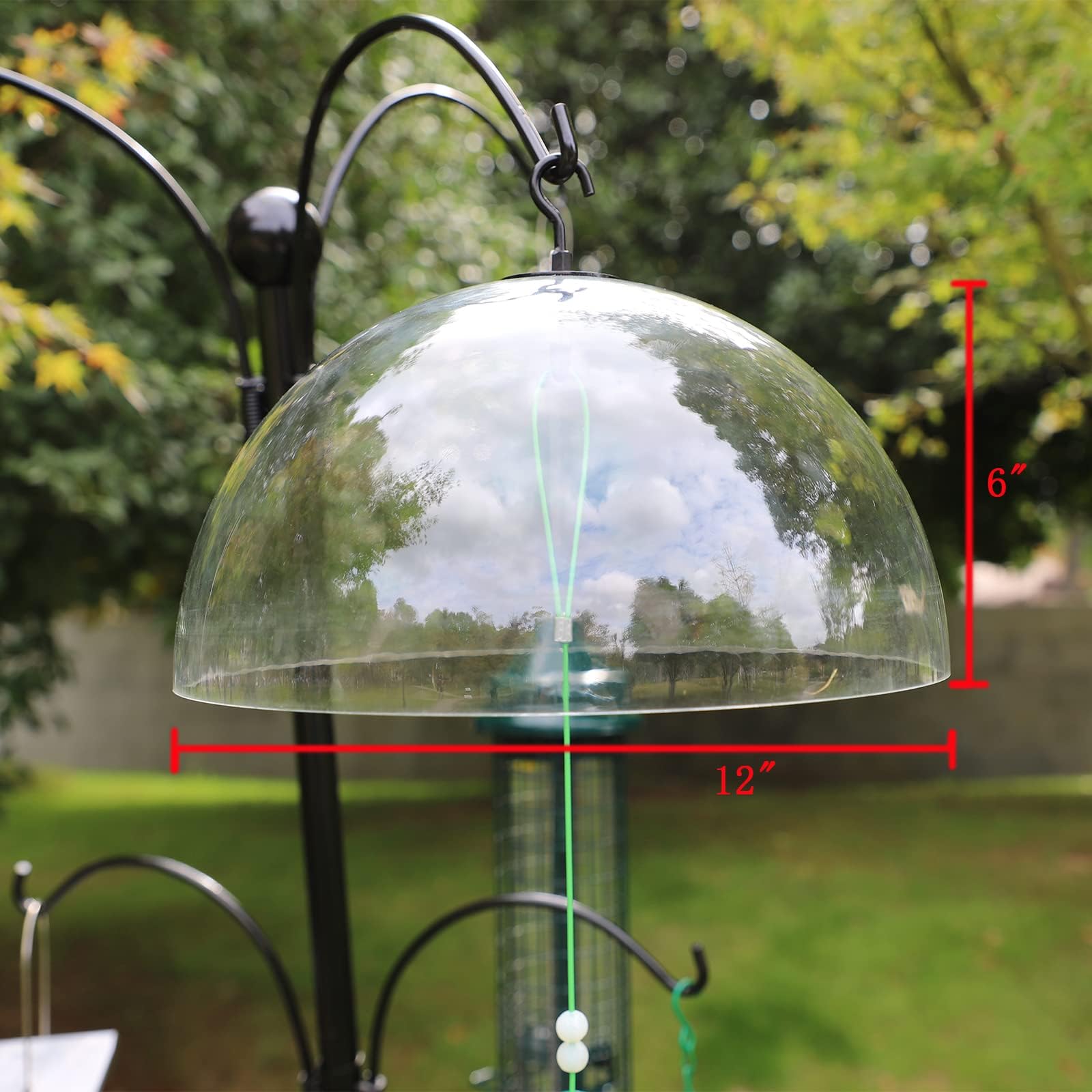PFNRTH Squirrel Baffle mounted on shepherd hook protects seeds
