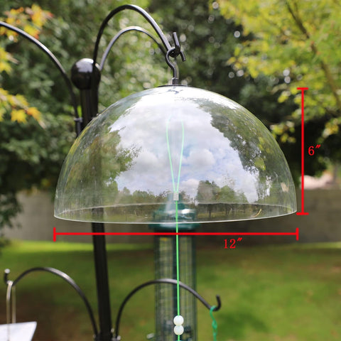 PFNRTH Squirrel Baffle mounted on shepherd hook protects seeds