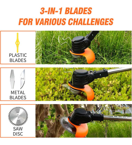 PFYELYI Weed Wacker blade-set detail highlights versatile blades for grass and weed tasks.