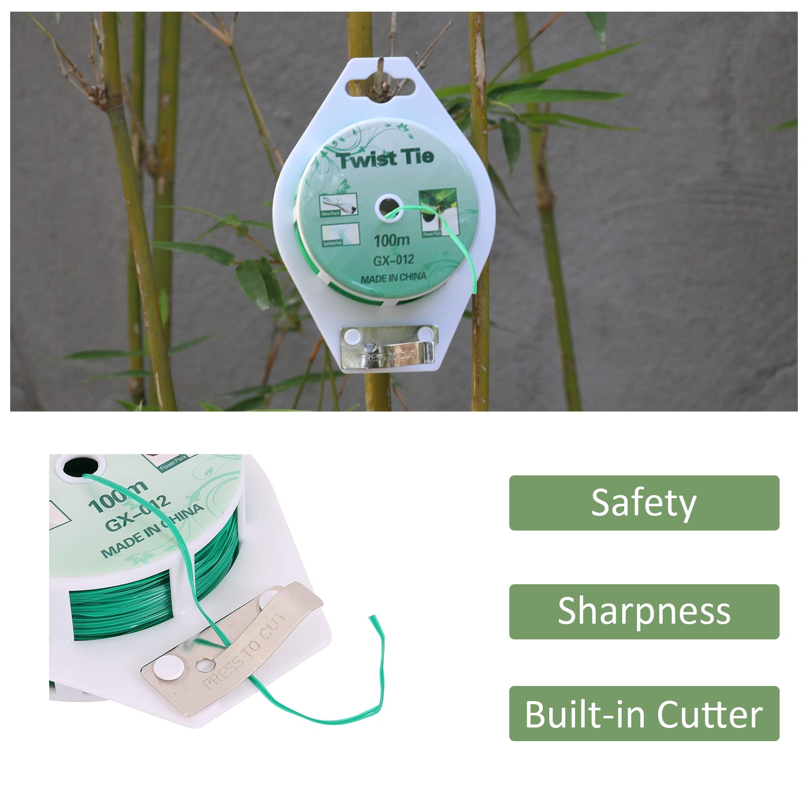 PGarden-EZ twist ties built-in trimmer close-up for easy, precise length cuts.
