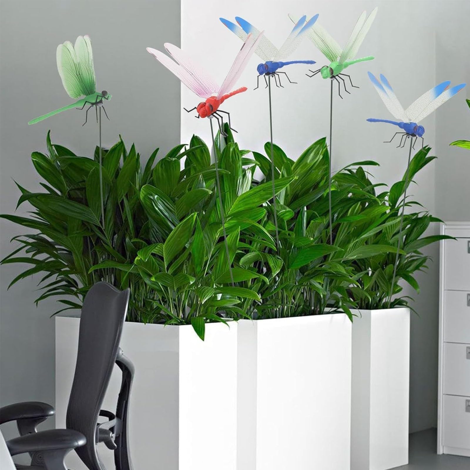Colorful dragonfly clips brighten planters and garden borders