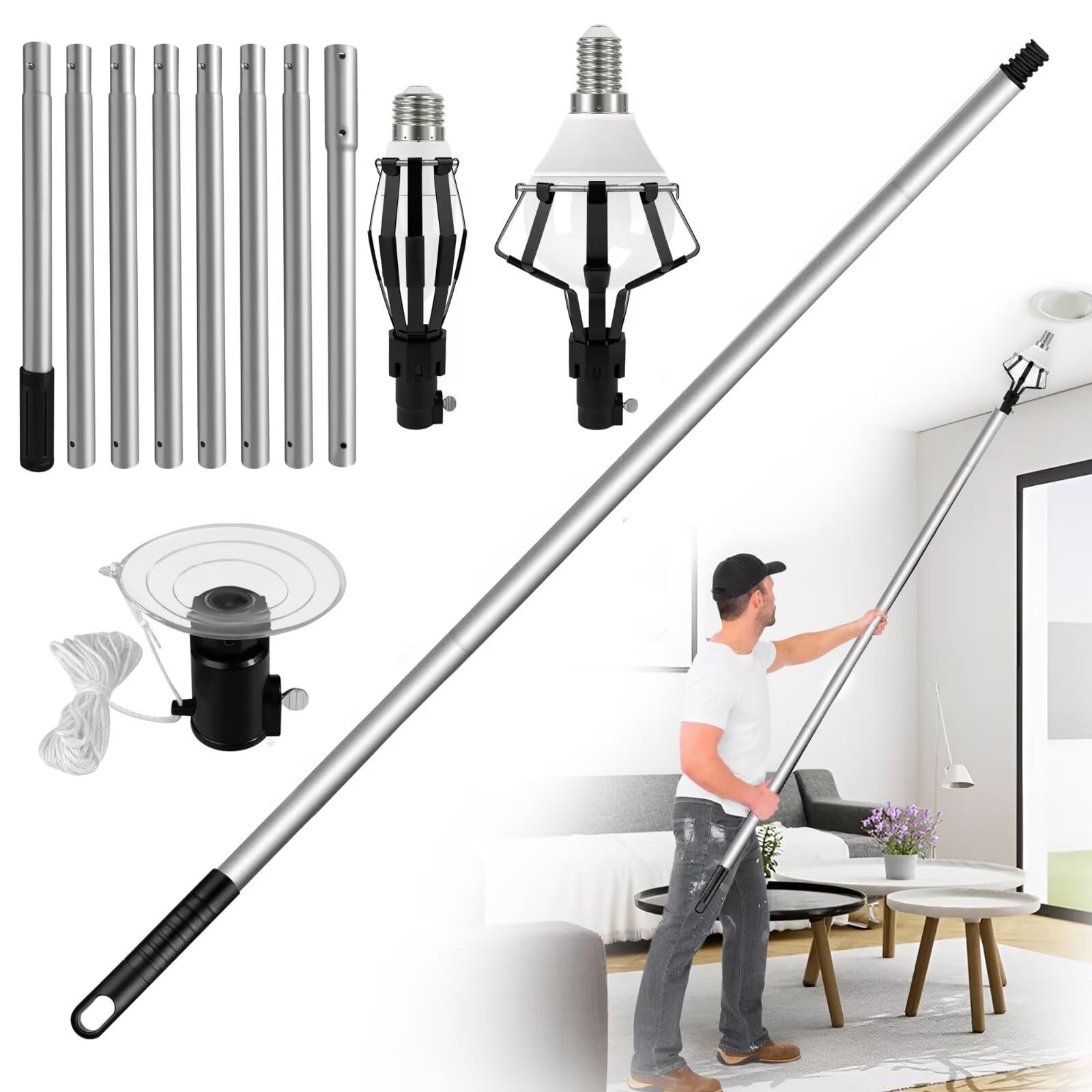 Phaniteces 13ft bulb changer pole assembly enables safe high ceiling reach