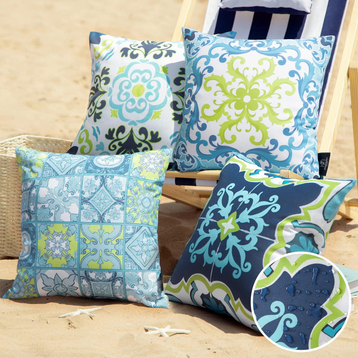 Phantoscope outdoor pillow cover with geometric tile pattern in blue and green for patio decor