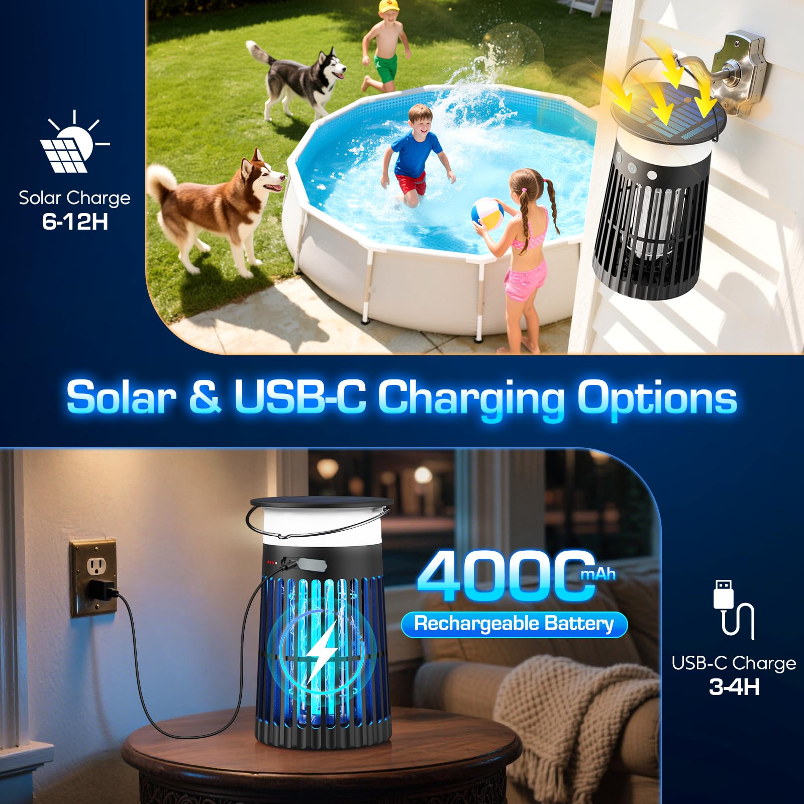 PhatroyYee Solar Bug Zapper Outdoor 4000mAh battery offers long cordless protection.