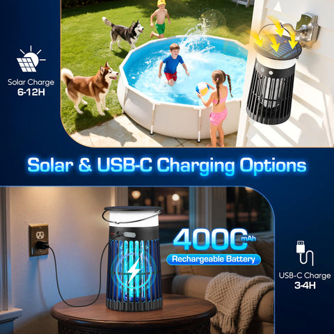 PhatroyYee Solar Bug Zapper Outdoor 4000mAh battery offers long cordless protection.