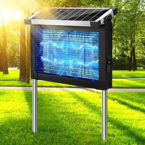 PhatroyYee outdoor solar bug zapper with 4500V grid traps mosquitoes efficiently.