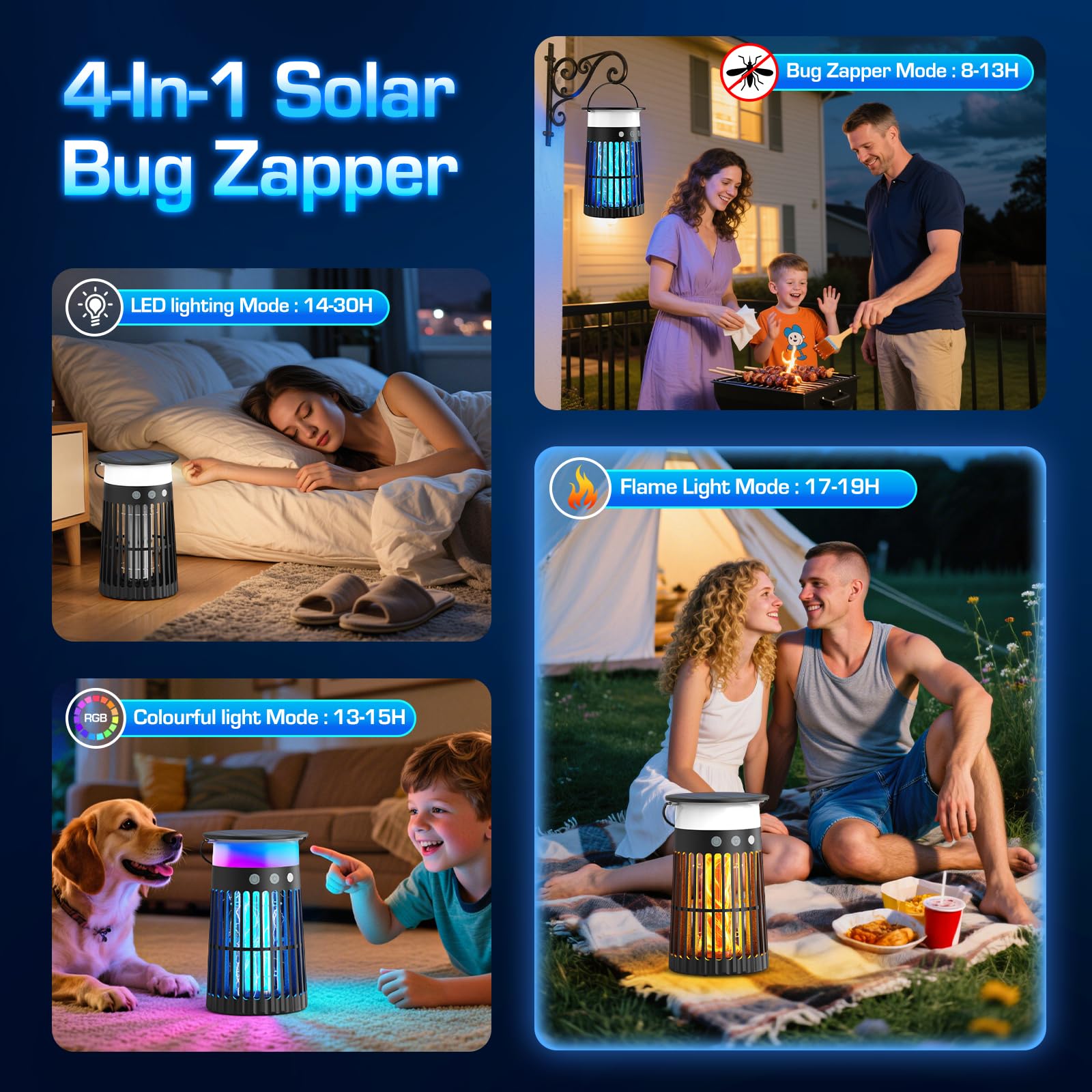 PhatroyYee Solar Bug Zapper Outdoor with RGB flame light, creates inviting ambience at night.