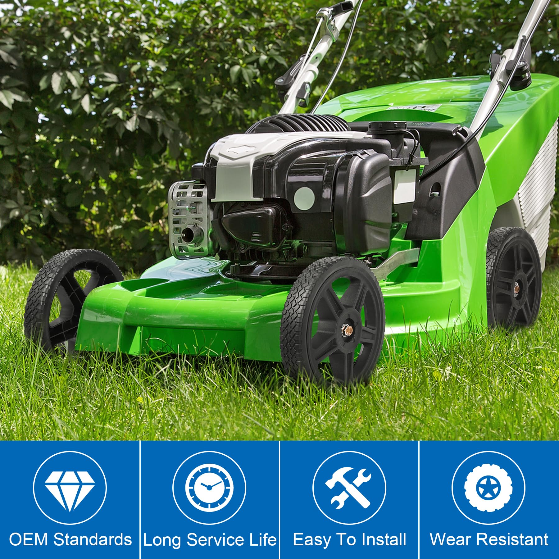 Phepetroll tread design provides traction on slopes and uneven lawns.