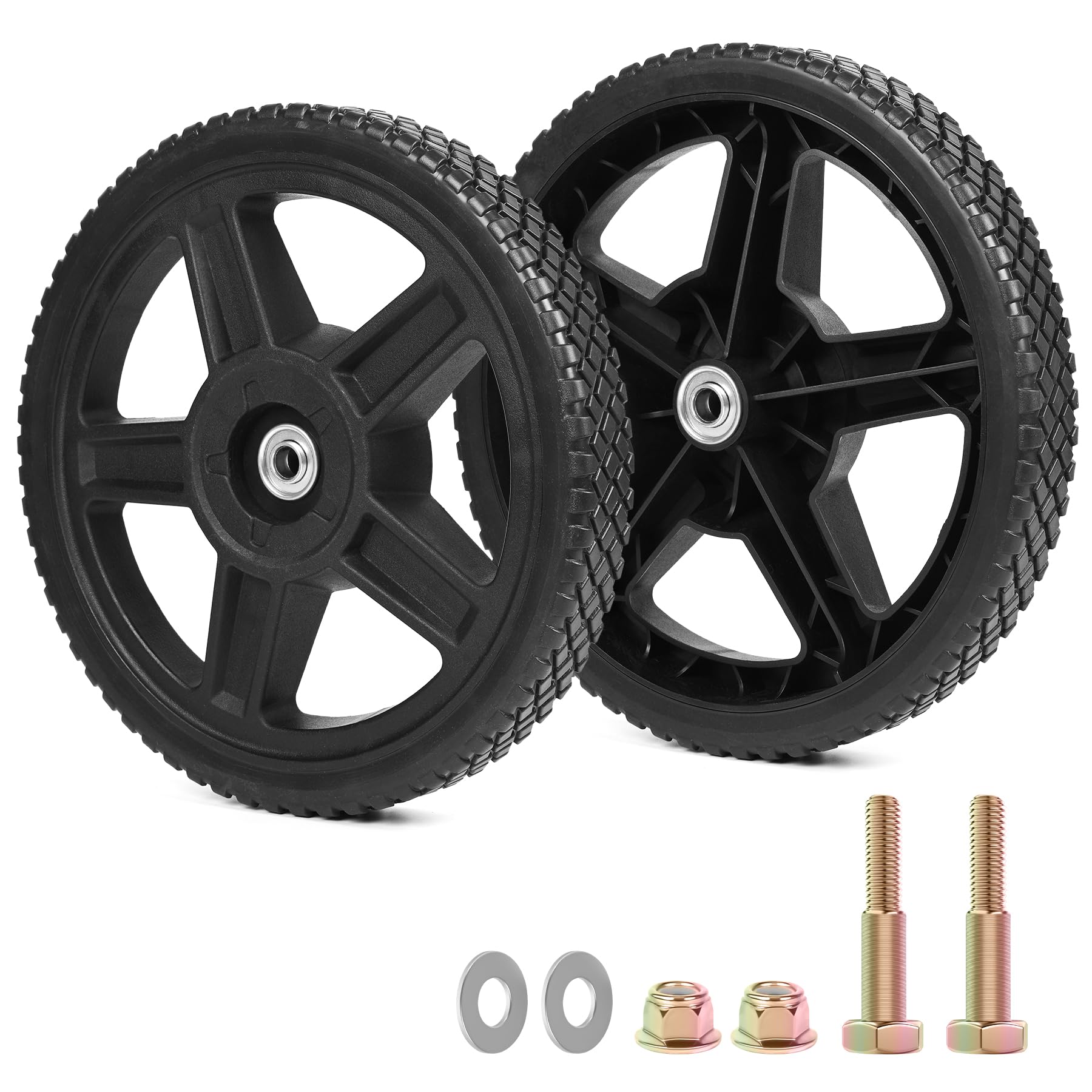 Phepetroll 12-inch lawn mower wheels kit side view for easy yard maneuvering.