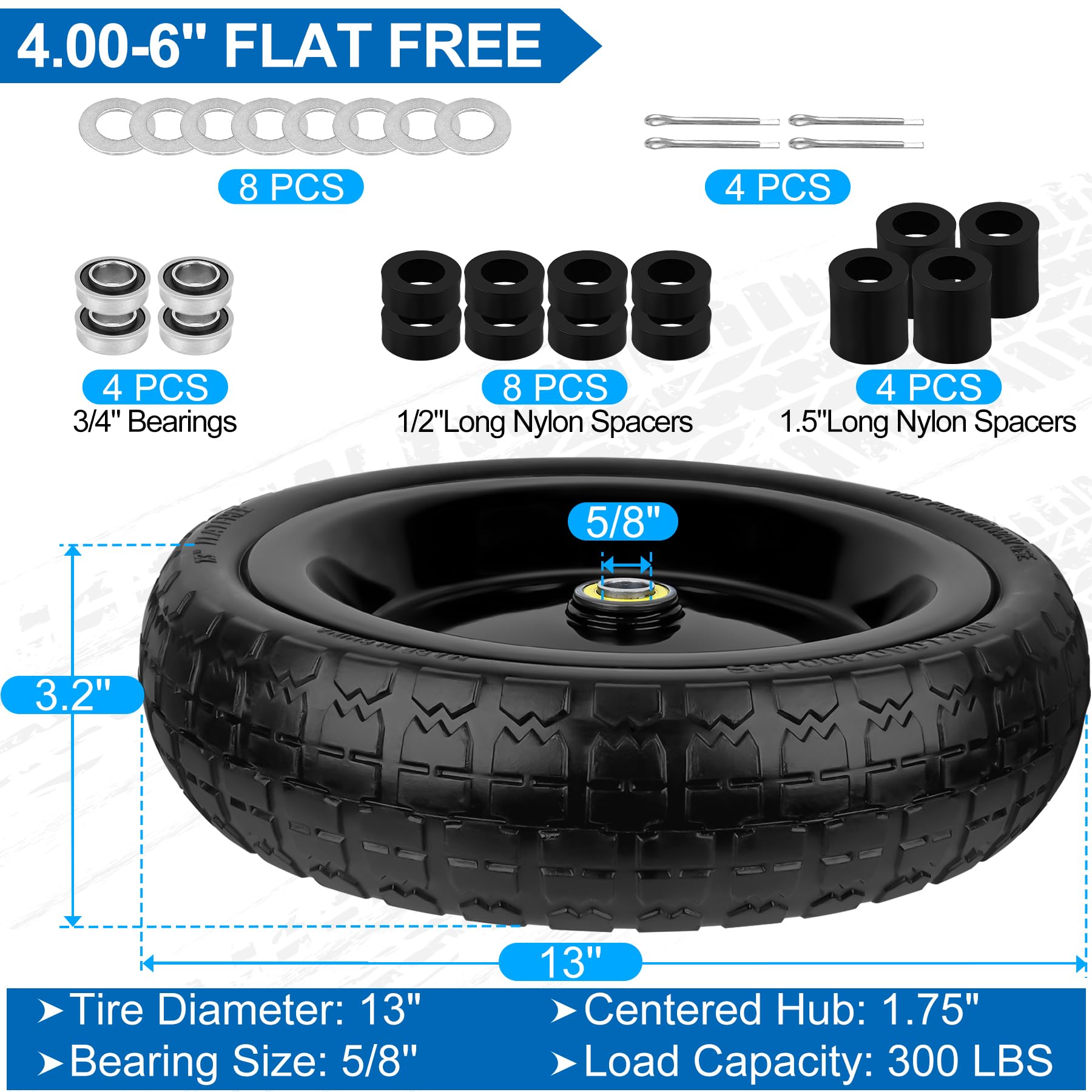 Phepetroll 13-inch flat-free wheel tread detail showing enhanced grip.