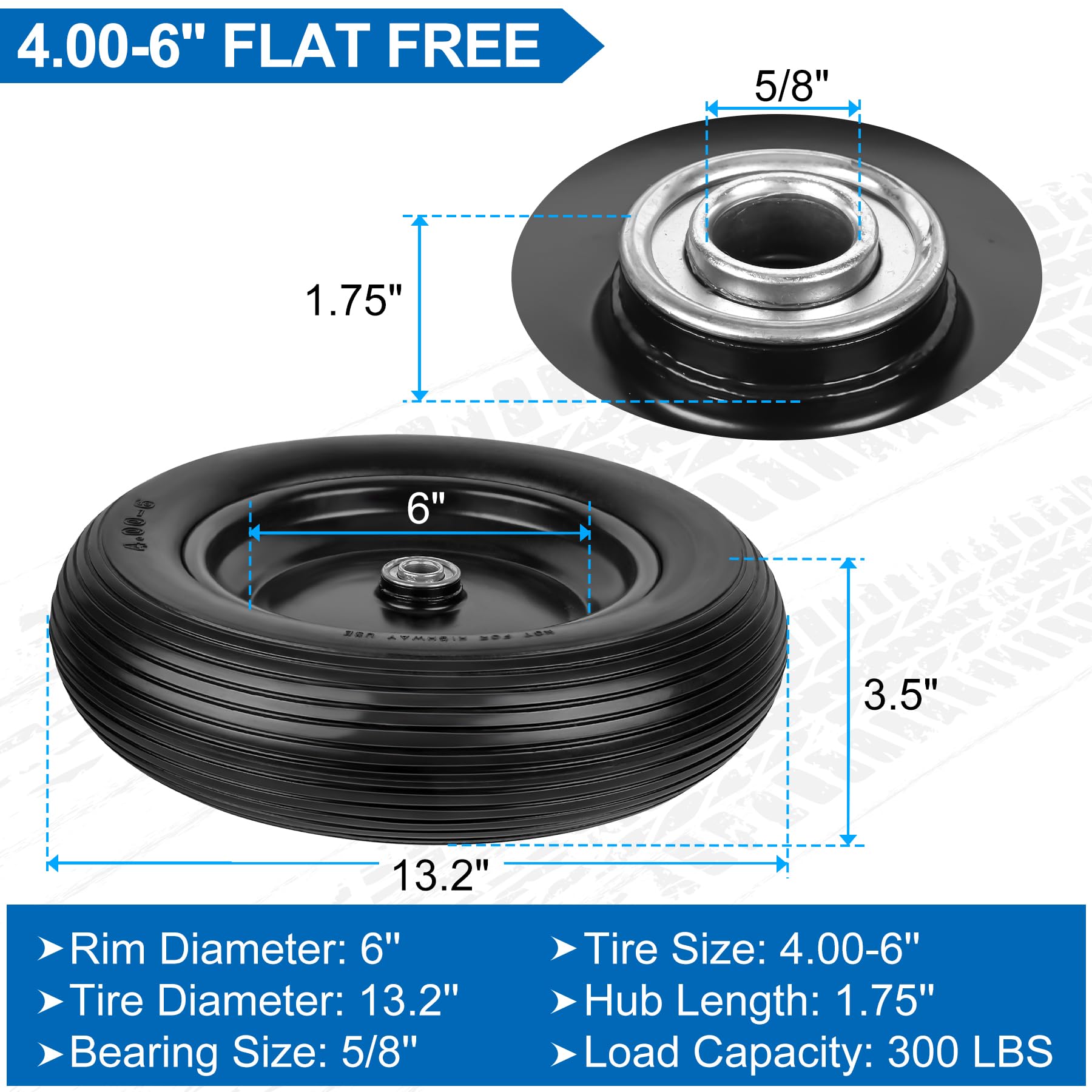 Phepetroll 13-inch tire with 5/8 bearing provides sturdy support on uneven surfaces.