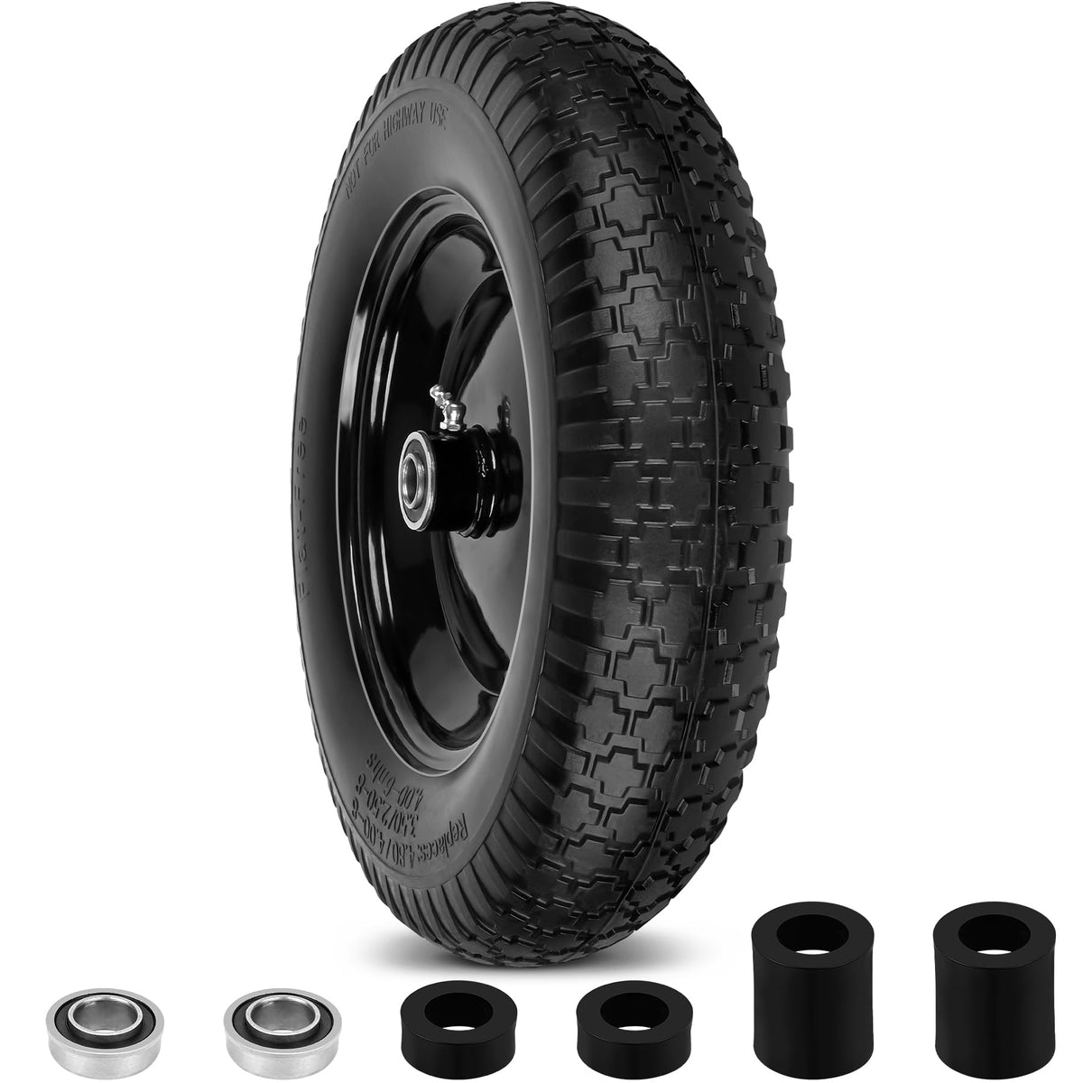 Phepetroll 14.5 inch flat free tire on a wheelbarrow for puncture proof hauling.