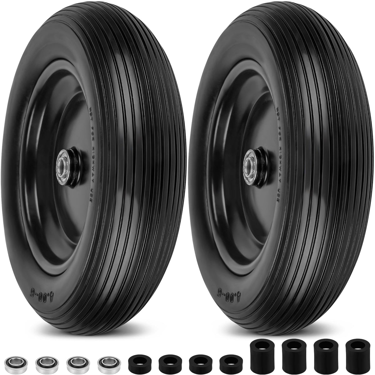 Phepetroll 4.00-6 flat-free wheelbarrow tires, 13-inch replacement pair for easy upkeep.