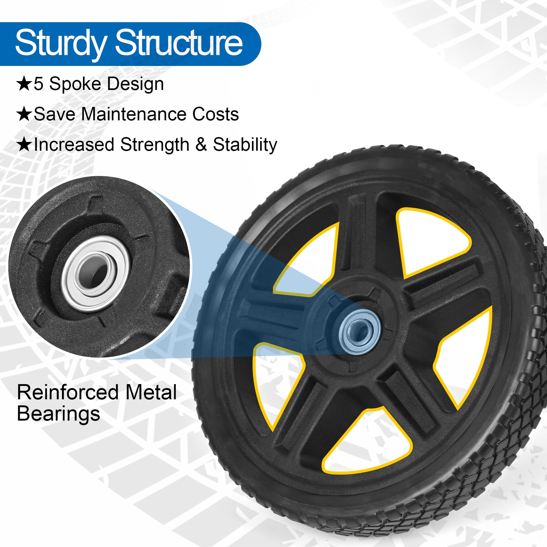 Phepetroll 8-inch lawn mower wheel bearing close-up showing 1/2 inch bore compatibility.