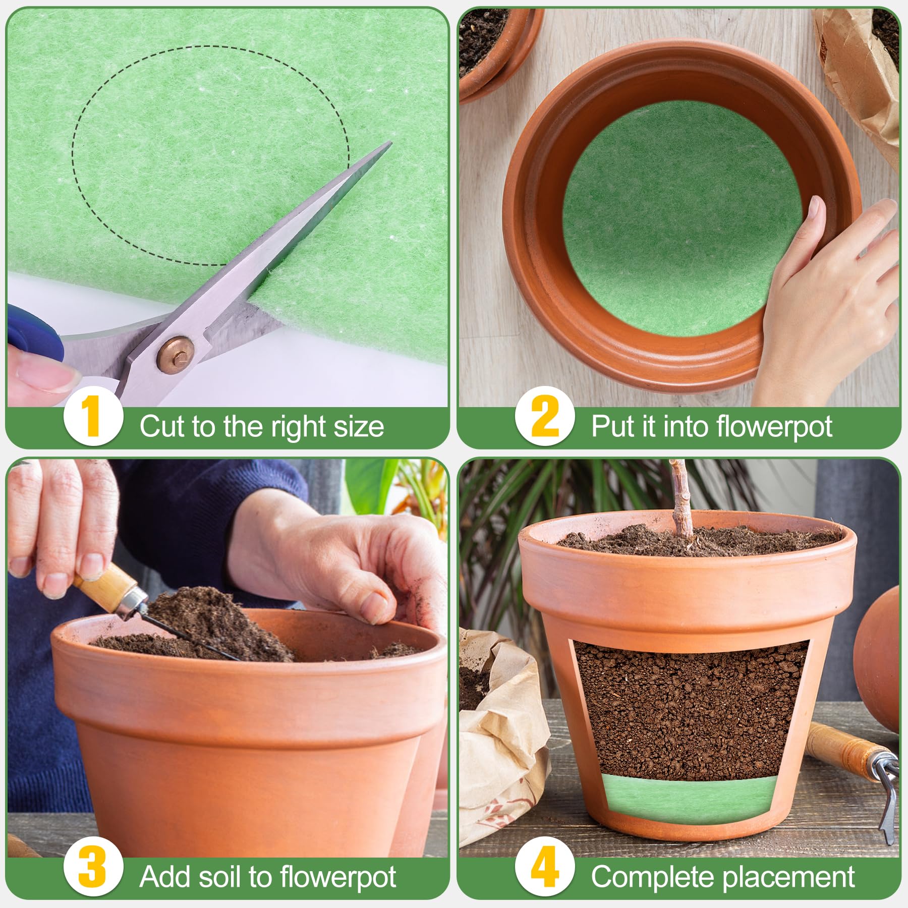 Phepetroll cut-to-fit drainage insert fits various planter sizes.
