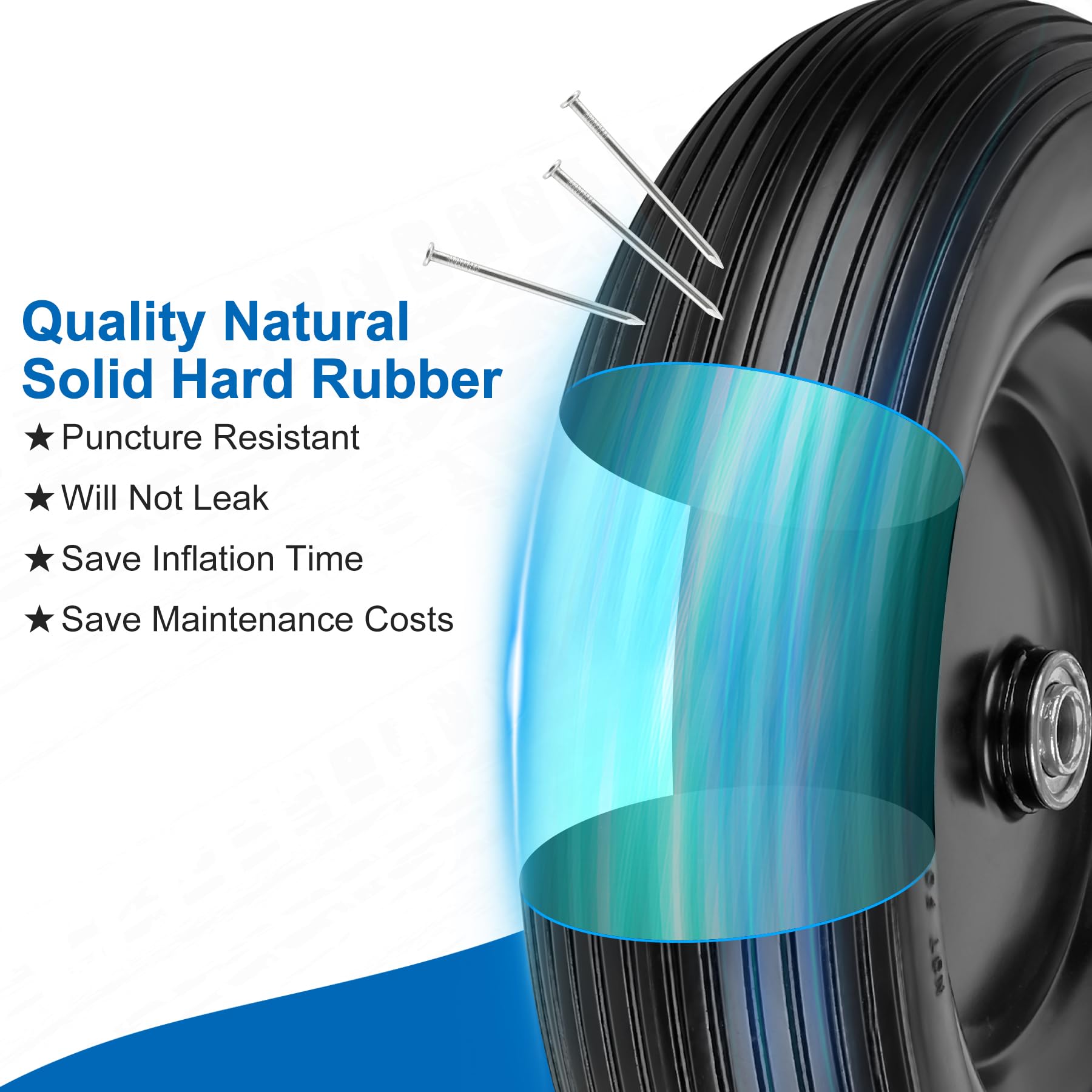 Phepetroll solid wheelbarrow tire resists flats for outdoor use.