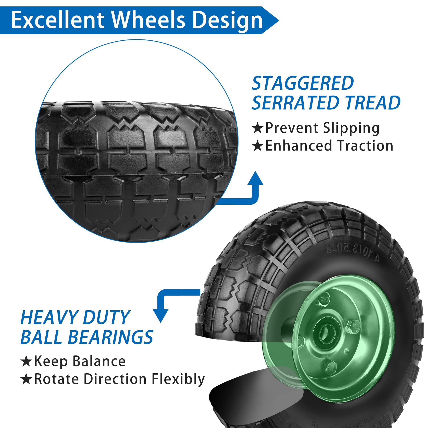 Phepetroll serrated tread increases grip on wet surfaces.