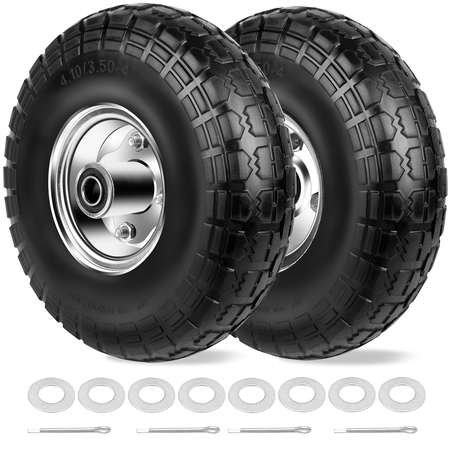 Phepetroll solid 10-inch tire with serrated tread for better grip on wet surfaces.