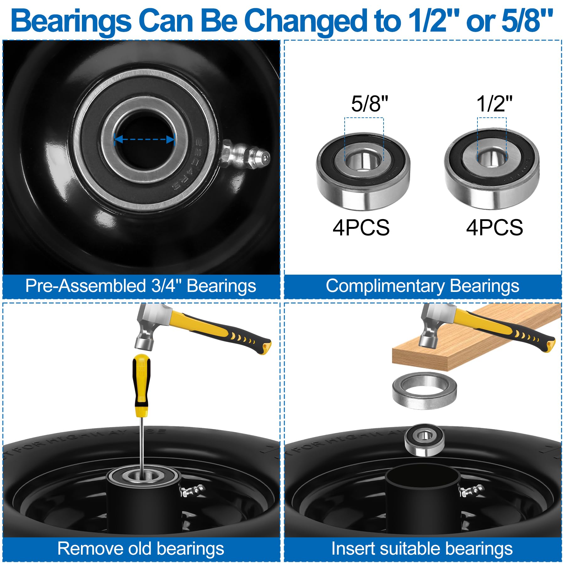 Phepetroll solid polyurethane tire shown in side view highlights puncture resistance