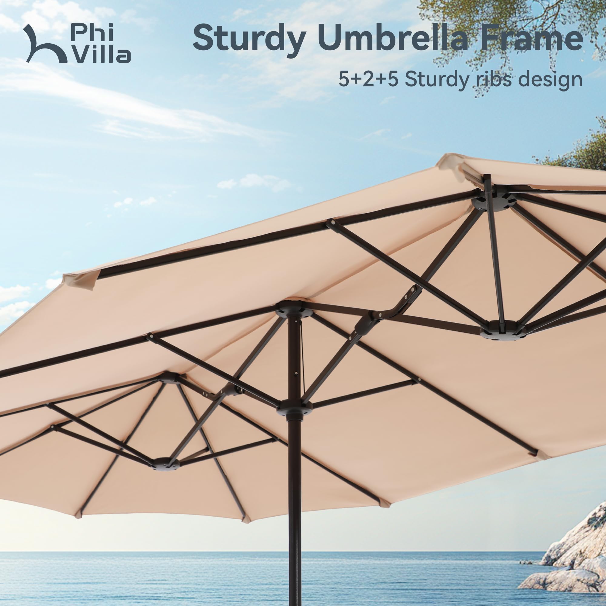PHI VILLA 13ft 12 steel ribs provide a sturdy breeze-ready frame.
