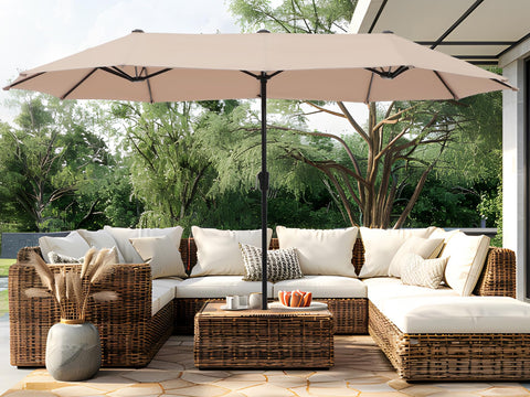 PHI VILLA 13ft double canopy shading a sunny courtyard for gatherings.