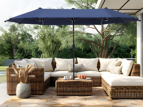 PHI VILLA 13ft double sided patio umbrella offering wide shade for outdoor gatherings.