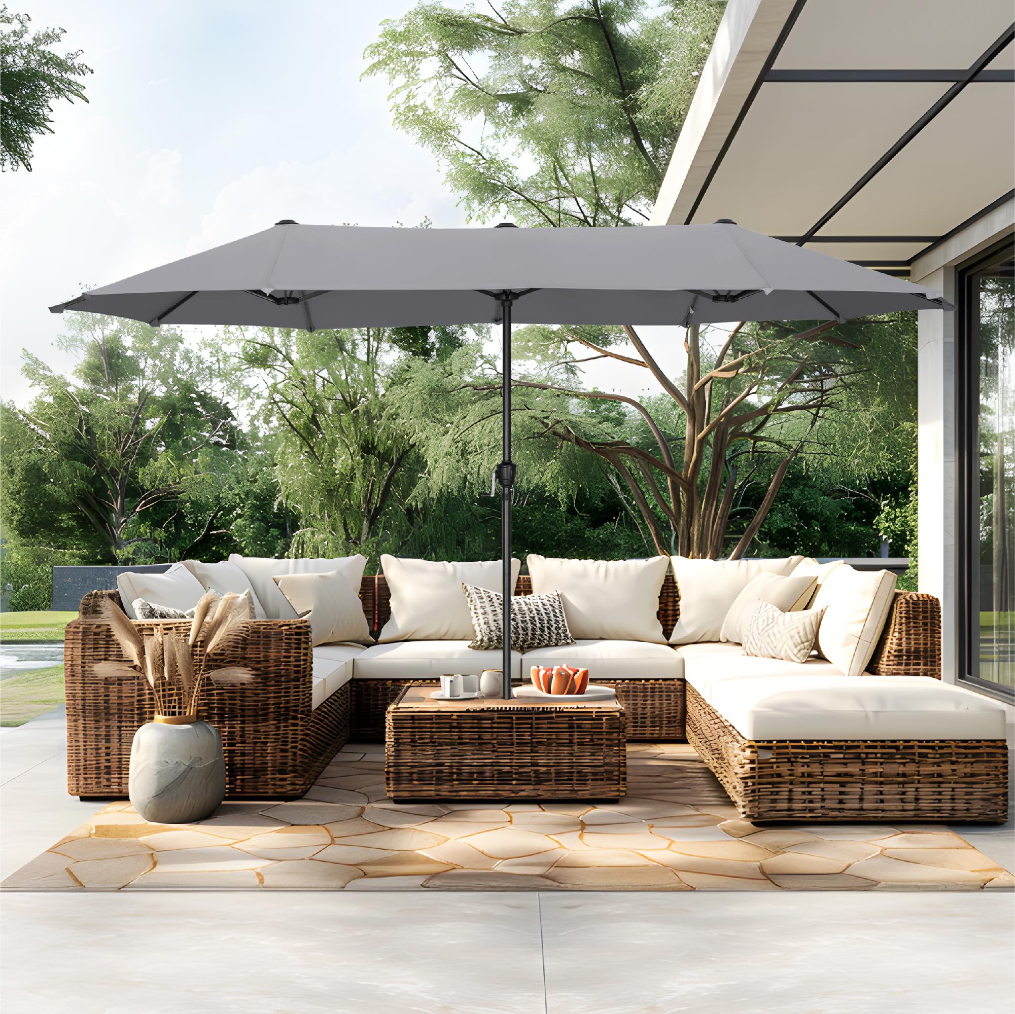 PHI VILLA 13ft double-sided umbrella provides wide shade for outdoor gatherings.